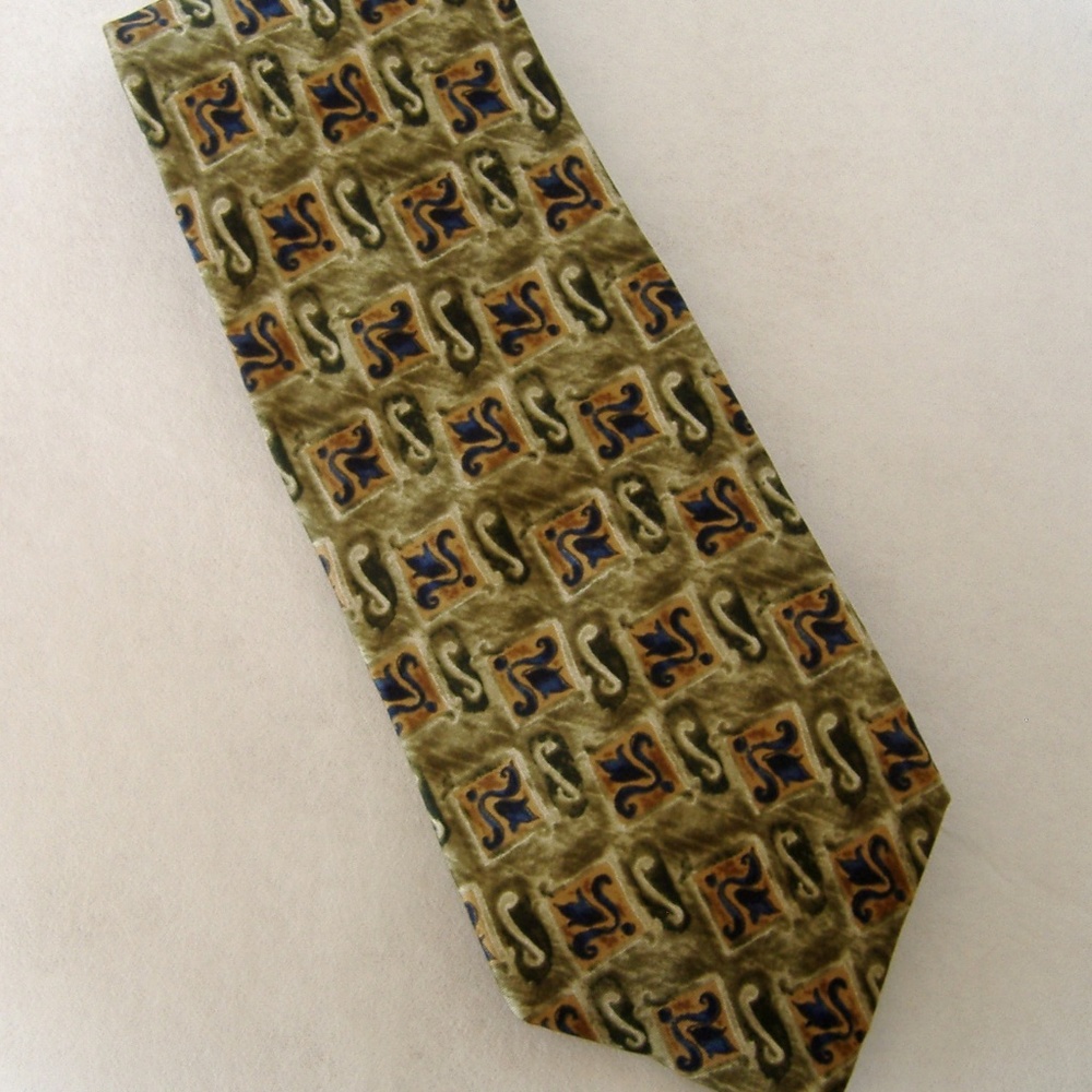 Geoffrey Beene Neck Tie Green Blue Brown 100% Silk Flower Scroll Geometric Box